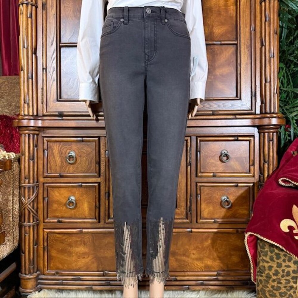 DG2 Dark Gray Sequin Fringe Hem Cotton Blend Ankle Stretch Jean